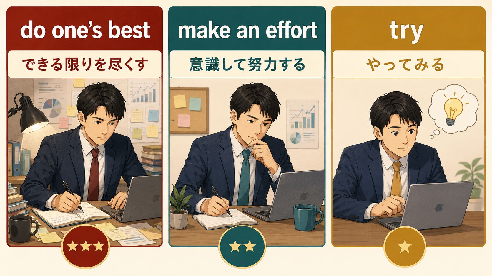 do one’s bestとmake an effortとtryの努力のニュアンスの違い