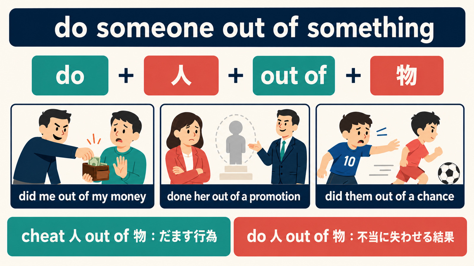 do+人+out of+物の語順とcheat out ofとの違い