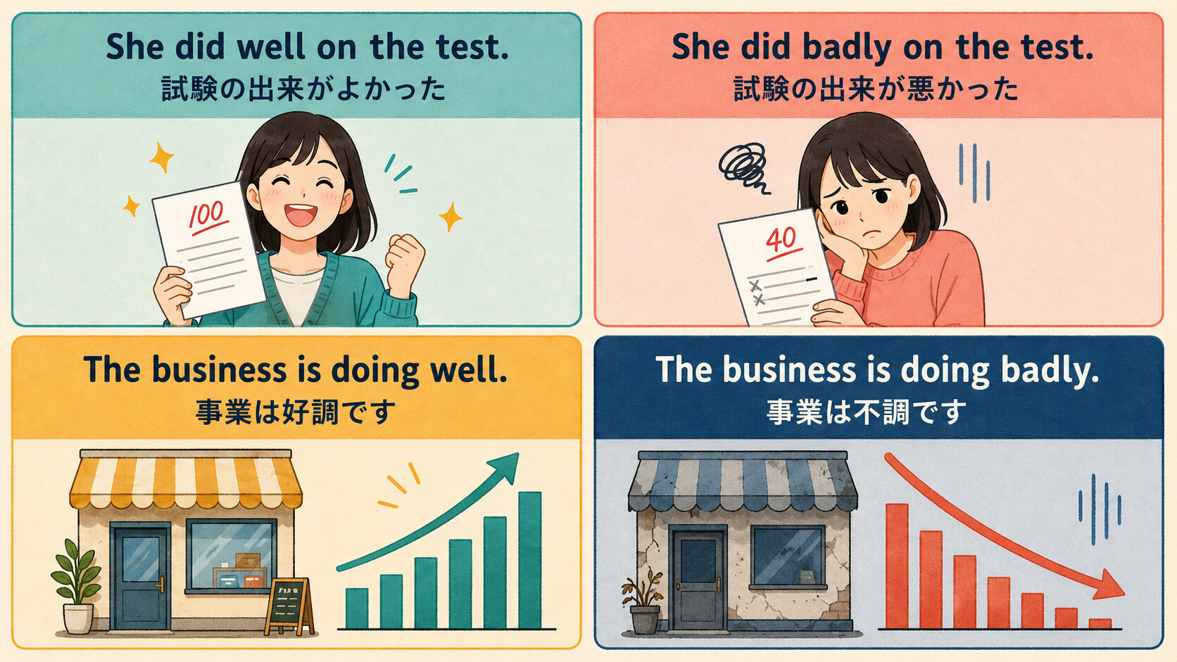 試験と事業で使うdo wellとdo badlyの比較