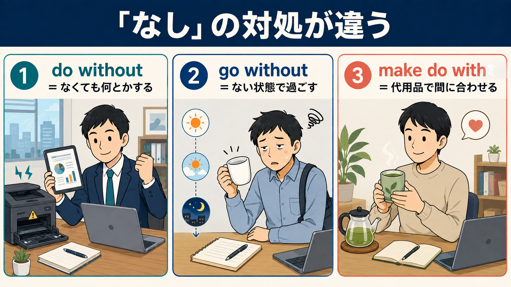 do without・go without・make do withのニュアンス比較