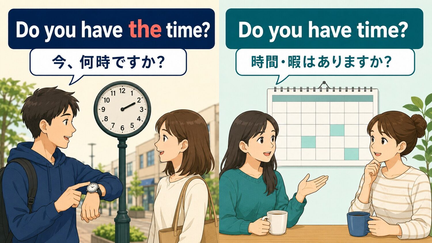 Do you have the timeは現在時刻を、Do you have timeは時間や暇があるかを尋ねる違いの図
