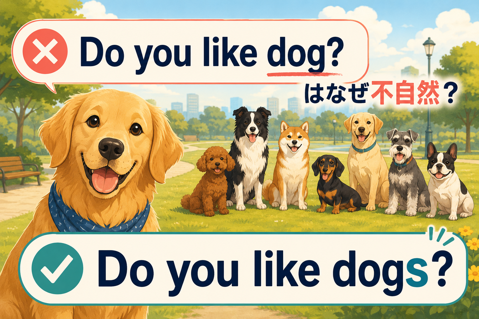 Do you like dog?とDo you like dogs?を犬のイラストで比較した図