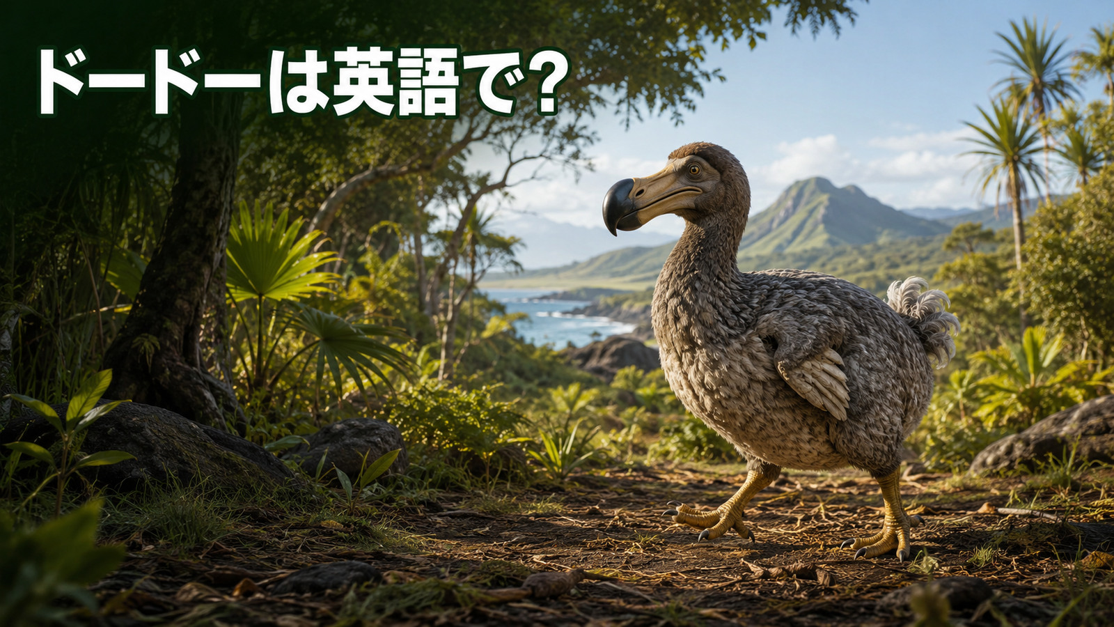 モーリシャス島を歩くドードーと「ドードーは英語で？」の文字