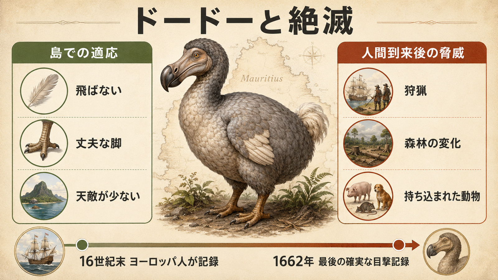 ドードーの島での適応と人間到来後の脅威・絶滅までの経緯を示す図