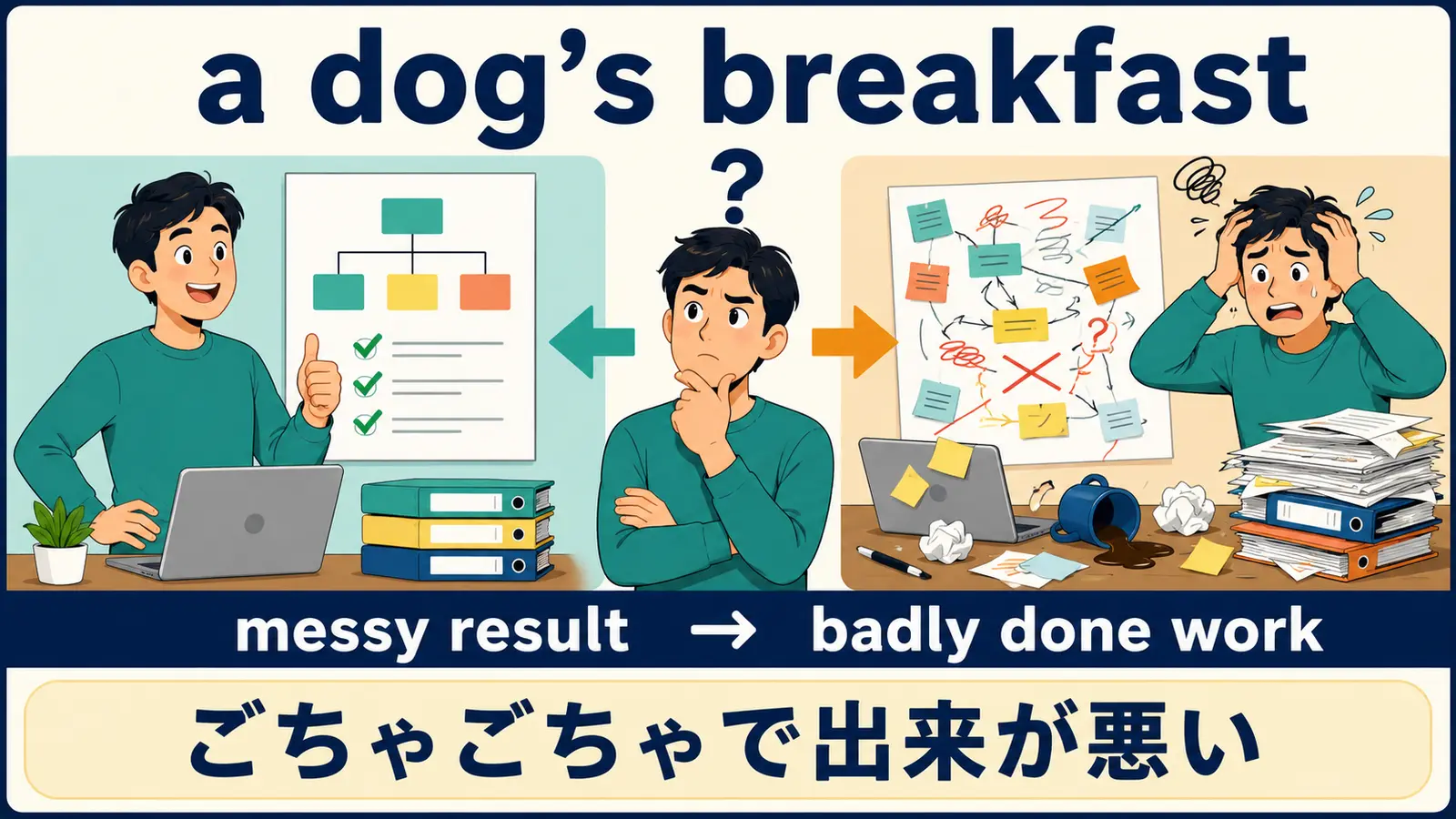 a dog’s breakfastの直訳と実際の意味を比較した解説図