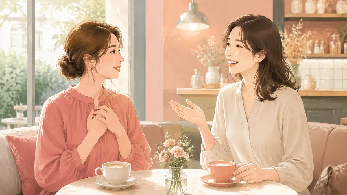 カフェで英語の「どういたしまして」を自然に返す女性たちのイラスト