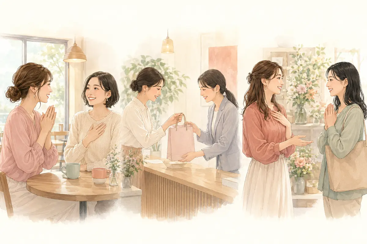 カジュアル・丁寧・ビジネスで英語の返し方を使い分ける女性たちのイラスト