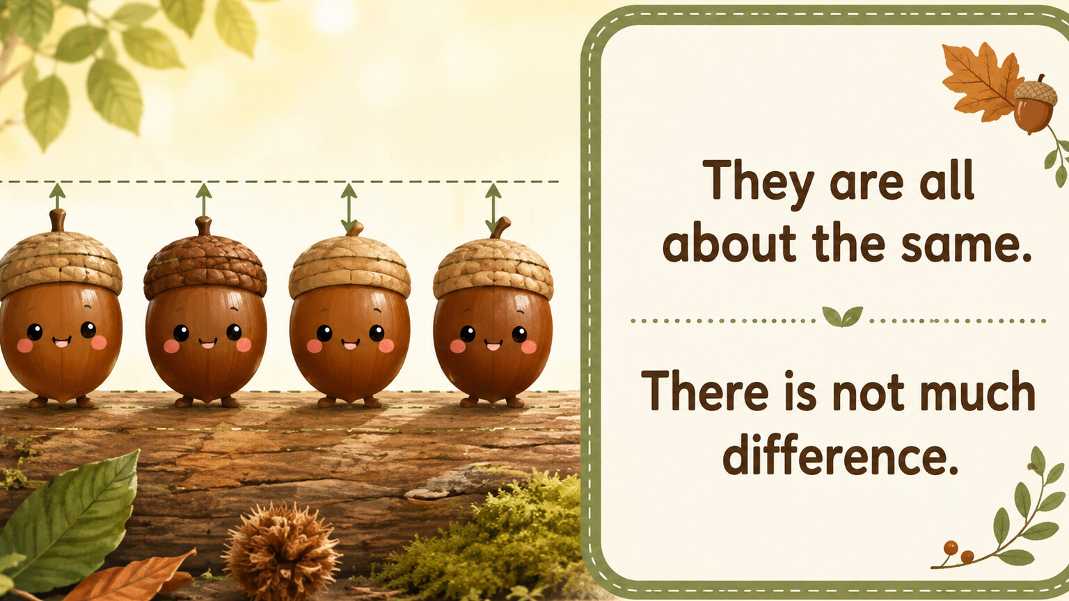 どんぐりの背比べを They are all about the same. と There is not much difference. で表すイラスト
