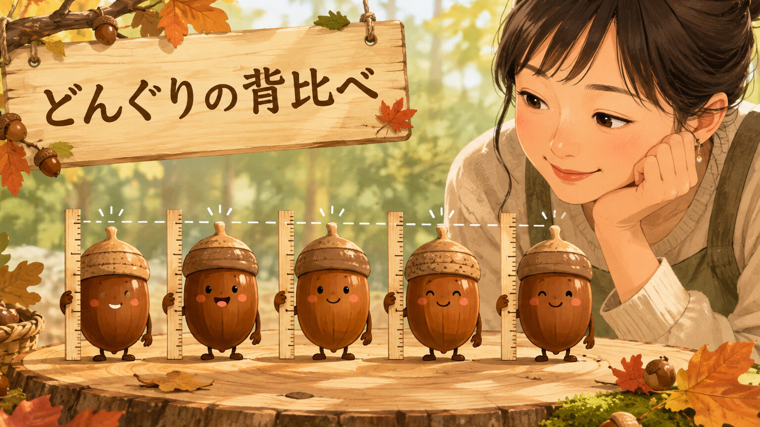 ほぼ同じ背丈のどんぐりが並ぶ「どんぐりの背比べ」のイラスト