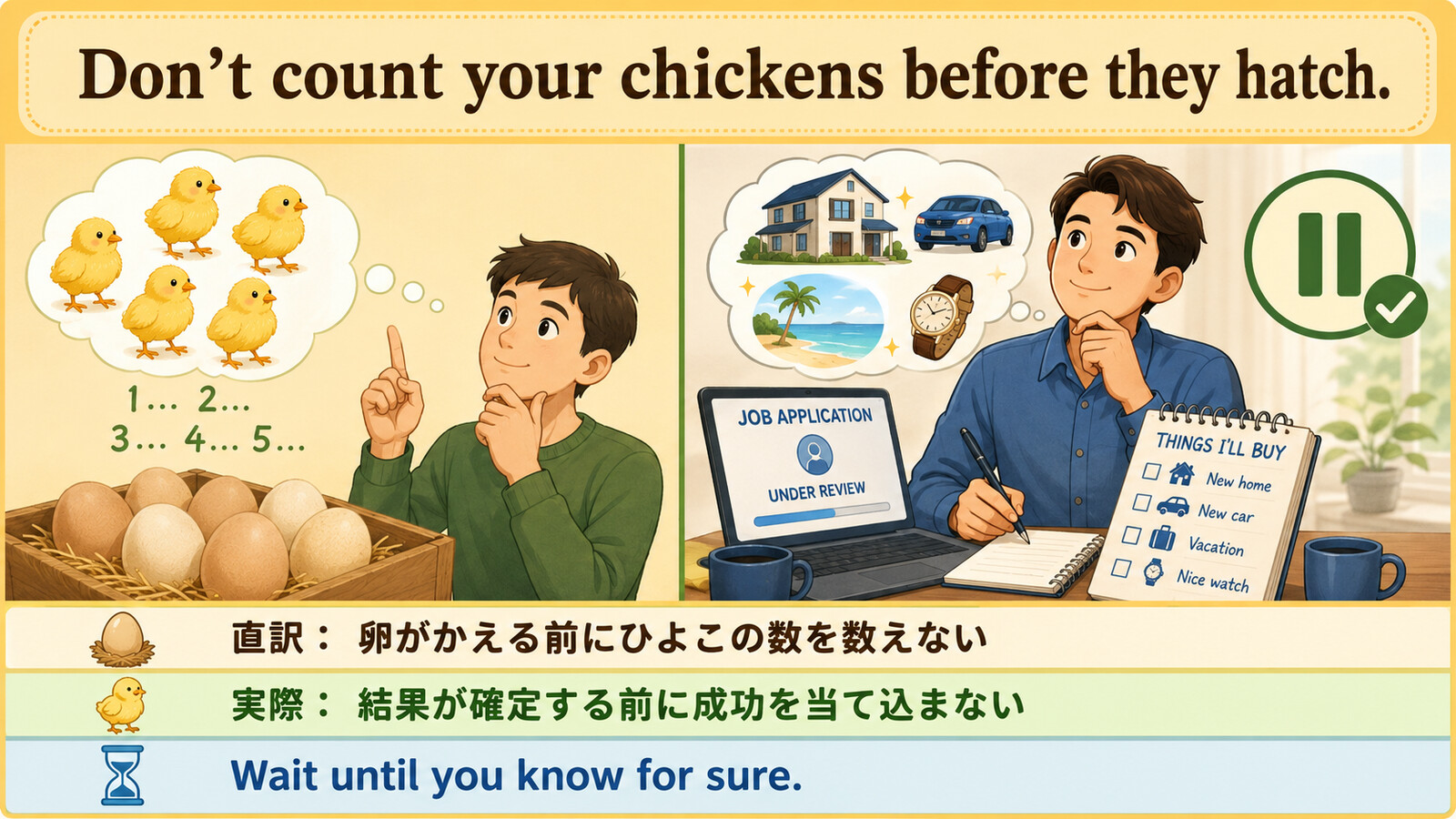 卵がかえる前にひよこの数を数えない直訳から結果を早く当て込まない意味を説明するイラスト