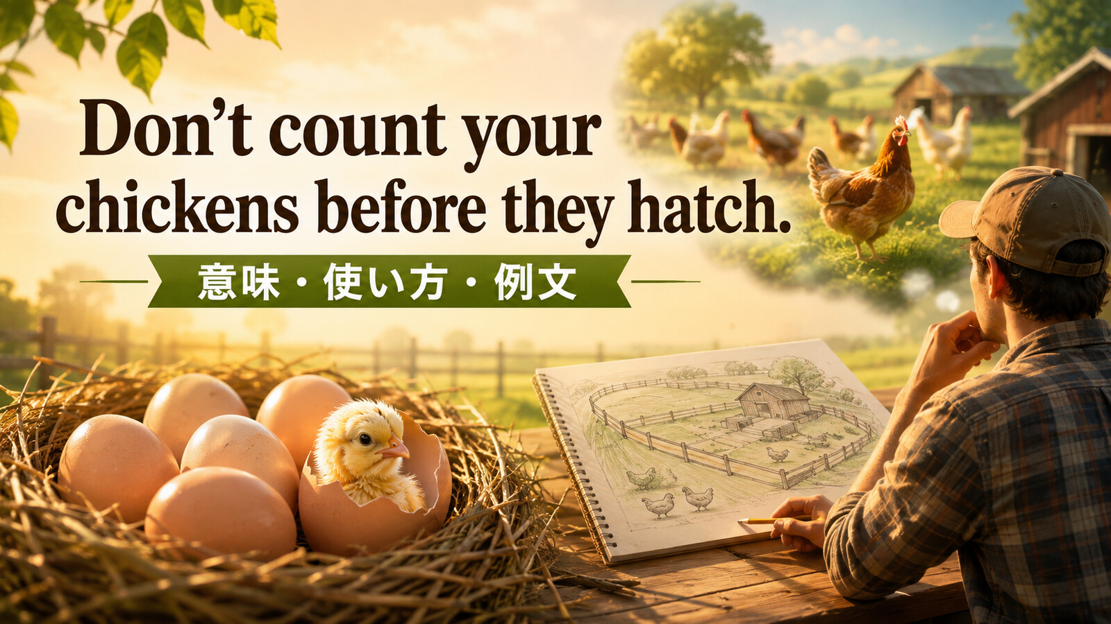 Don't count your chickens before they hatchの意味と使い方を解説するアイキャッチ画像