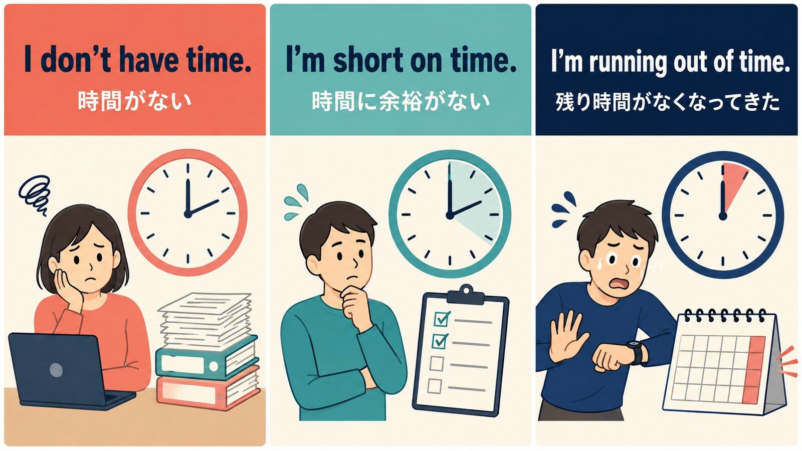 「時間がない」は英語で？I don’t have time.の使い方と似た表現の違い