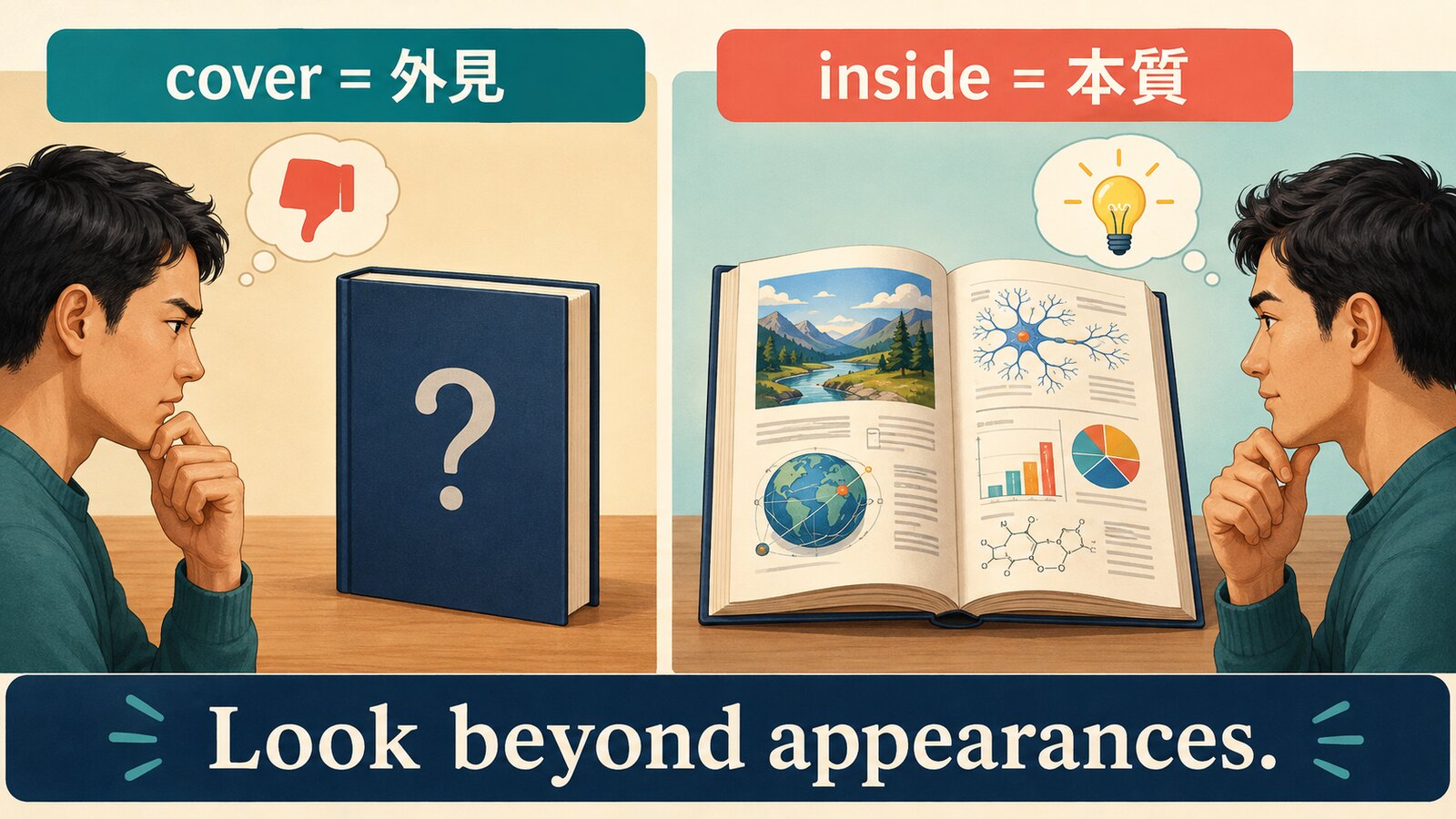 coverは外見、insideは本質という比喩を比較した解説イラスト