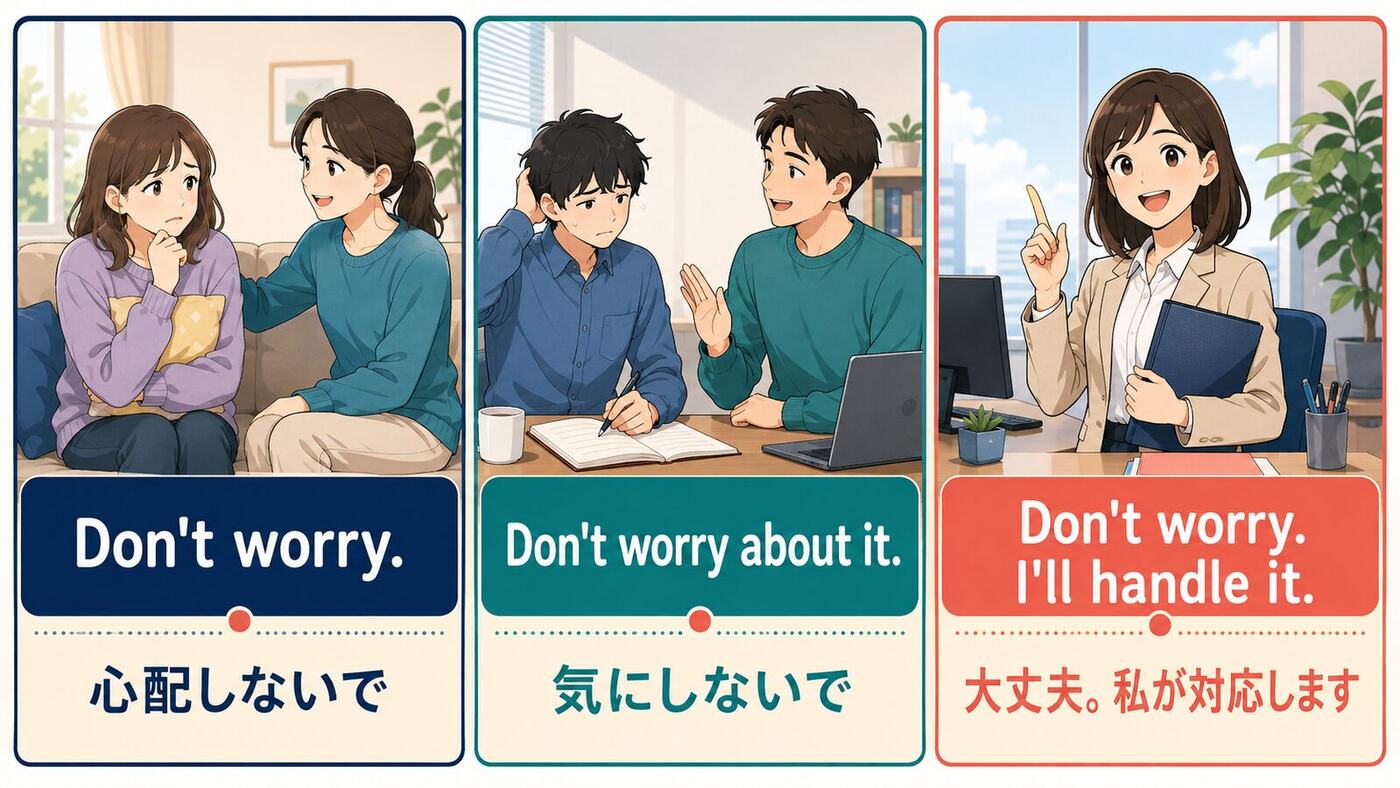 Don't worry、Don't worry about it、Don't worry I'll handle itの使い分けを示す図
