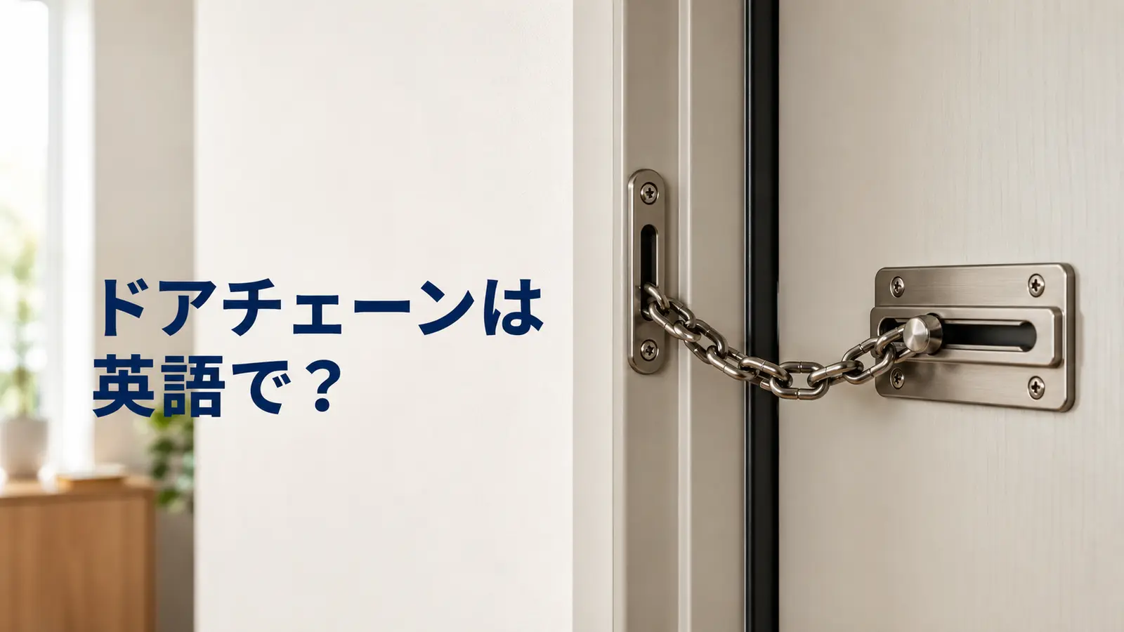 玄関ドアのドアチェーンと「ドアチェーンは英語で？」の文字