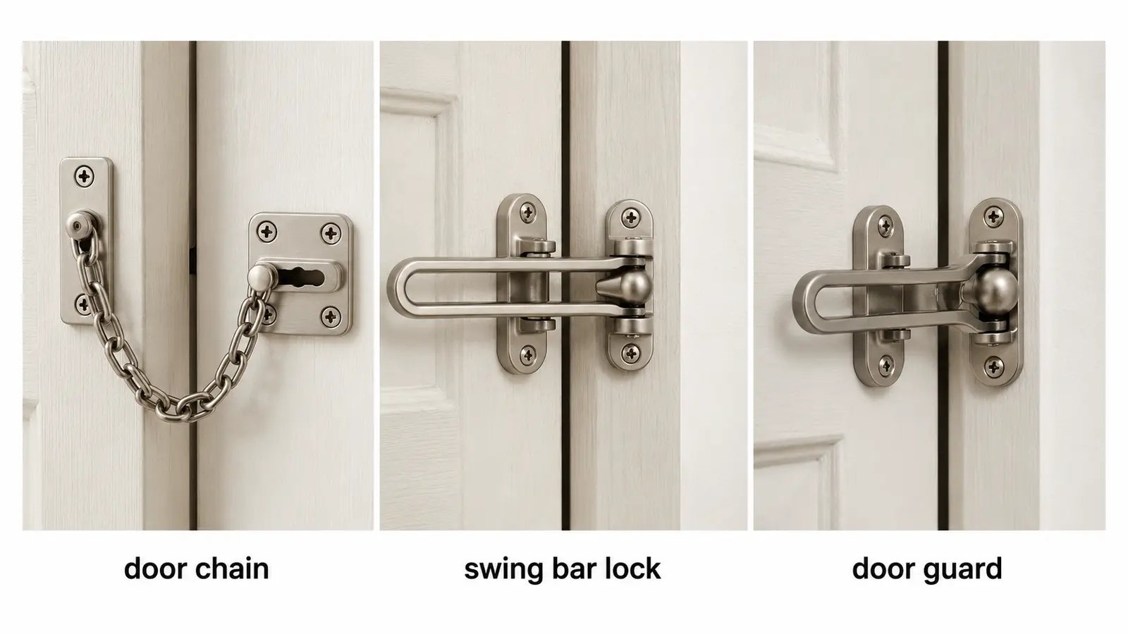 door chain、swing bar lock、door guardを比較した解説イラスト