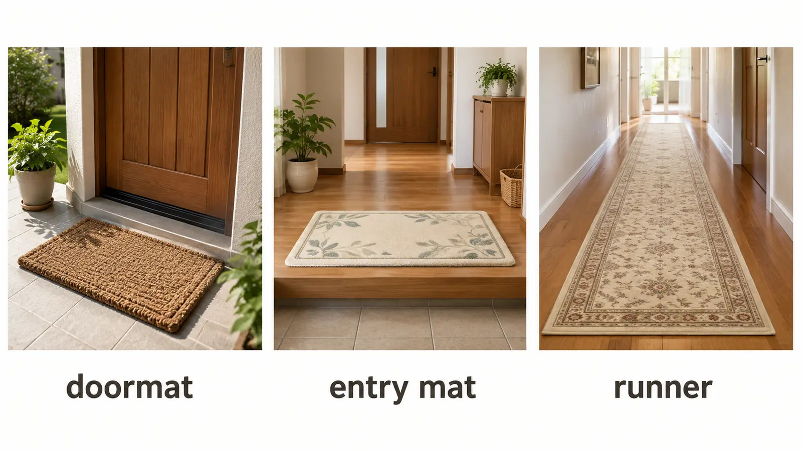 玄関のdoormat、室内のentry mat、廊下のrunnerを比較した解説イラスト