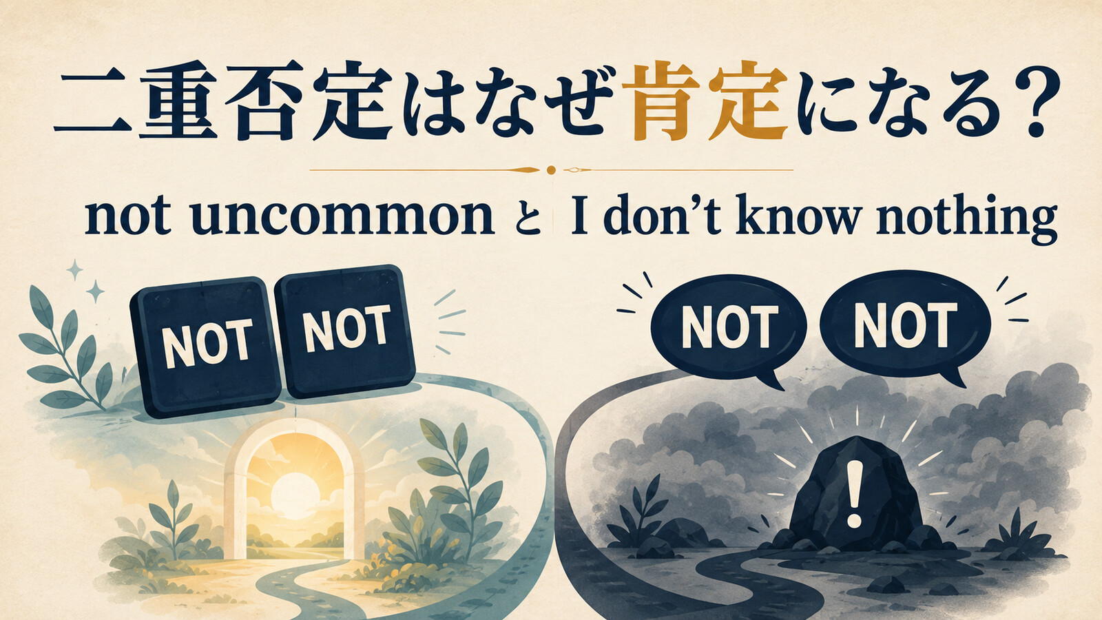 二重否定のnot uncommonと否定一致のI don’t know nothingの違いを示すアイキャッチ