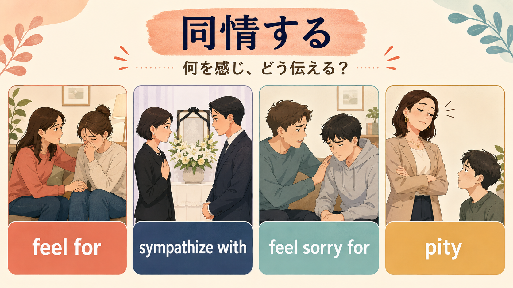 feel for・sympathize with・feel sorry for・pityの違いを示したイラスト