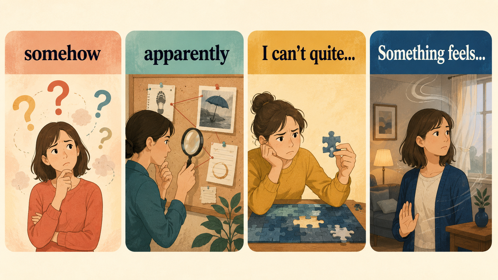 somehow、apparently、I can’t quite、Something feelsの比較イラスト