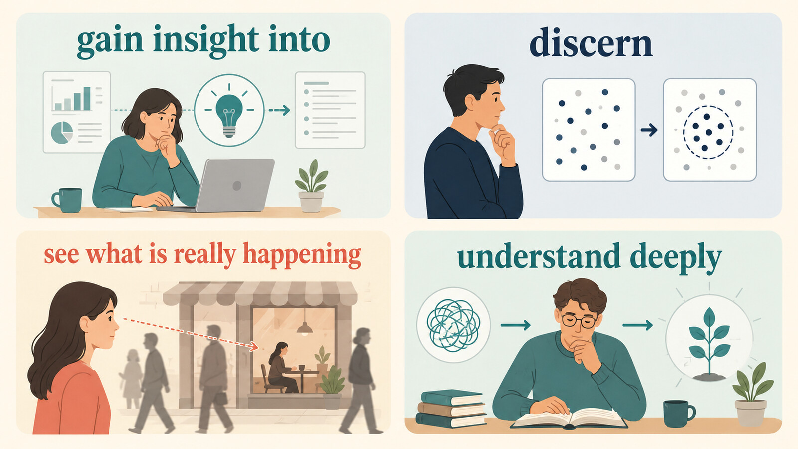 gain insight into・discern・see what is really happening・understand deeplyの比較