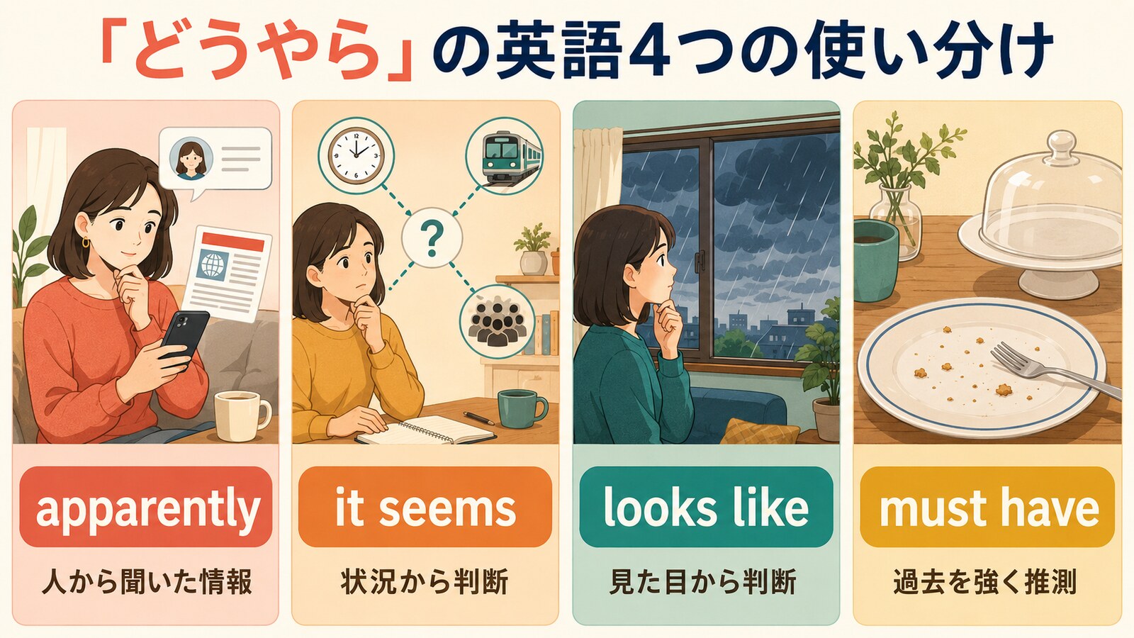 apparently・it seems・looks like・must haveの使い分け比較