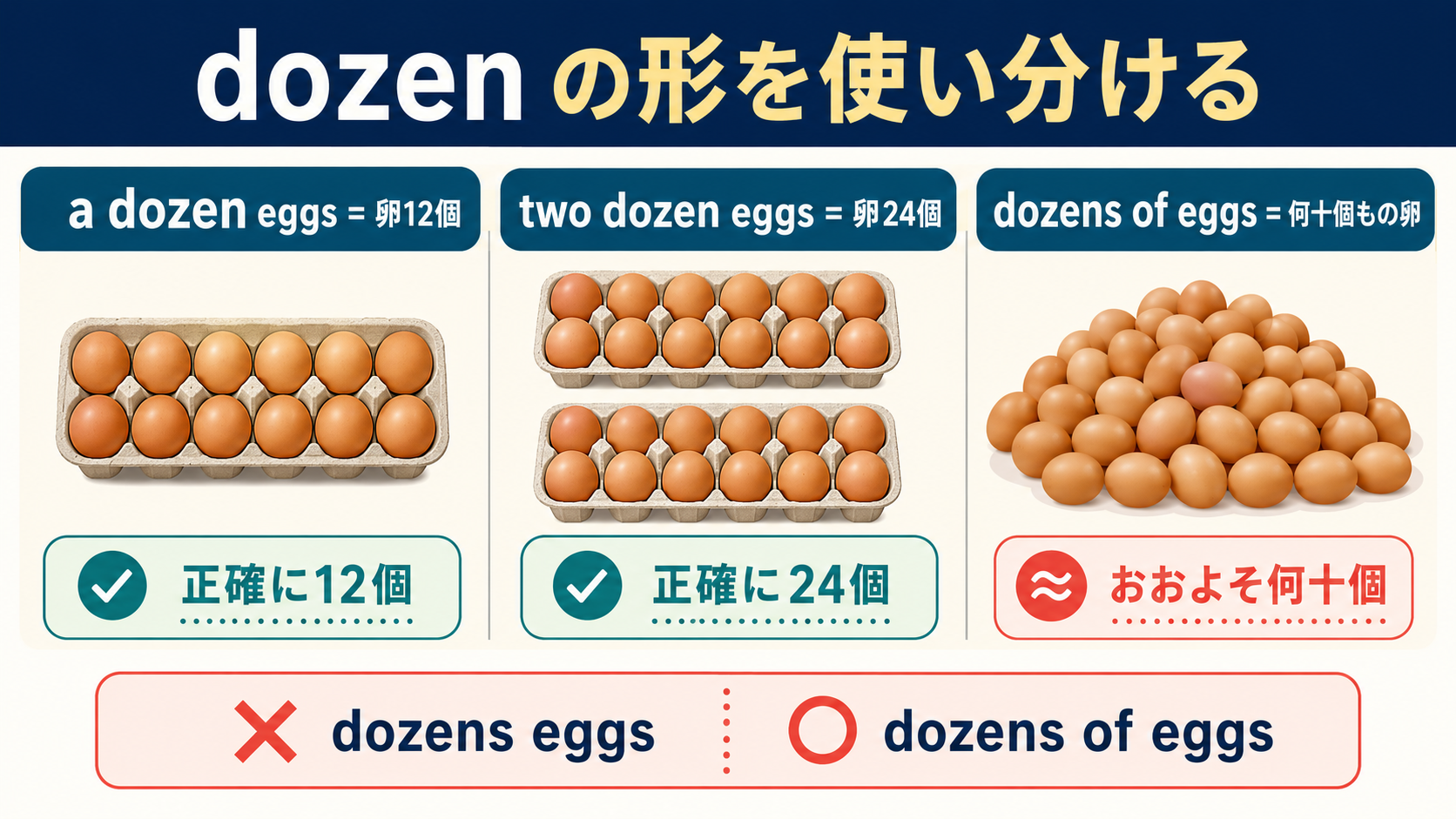 a dozen・two dozen・dozens ofの数量と語順の違い