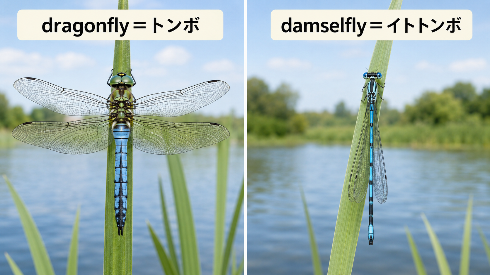 dragonflyのトンボとdamselflyのイトトンボの違いを示す比較図