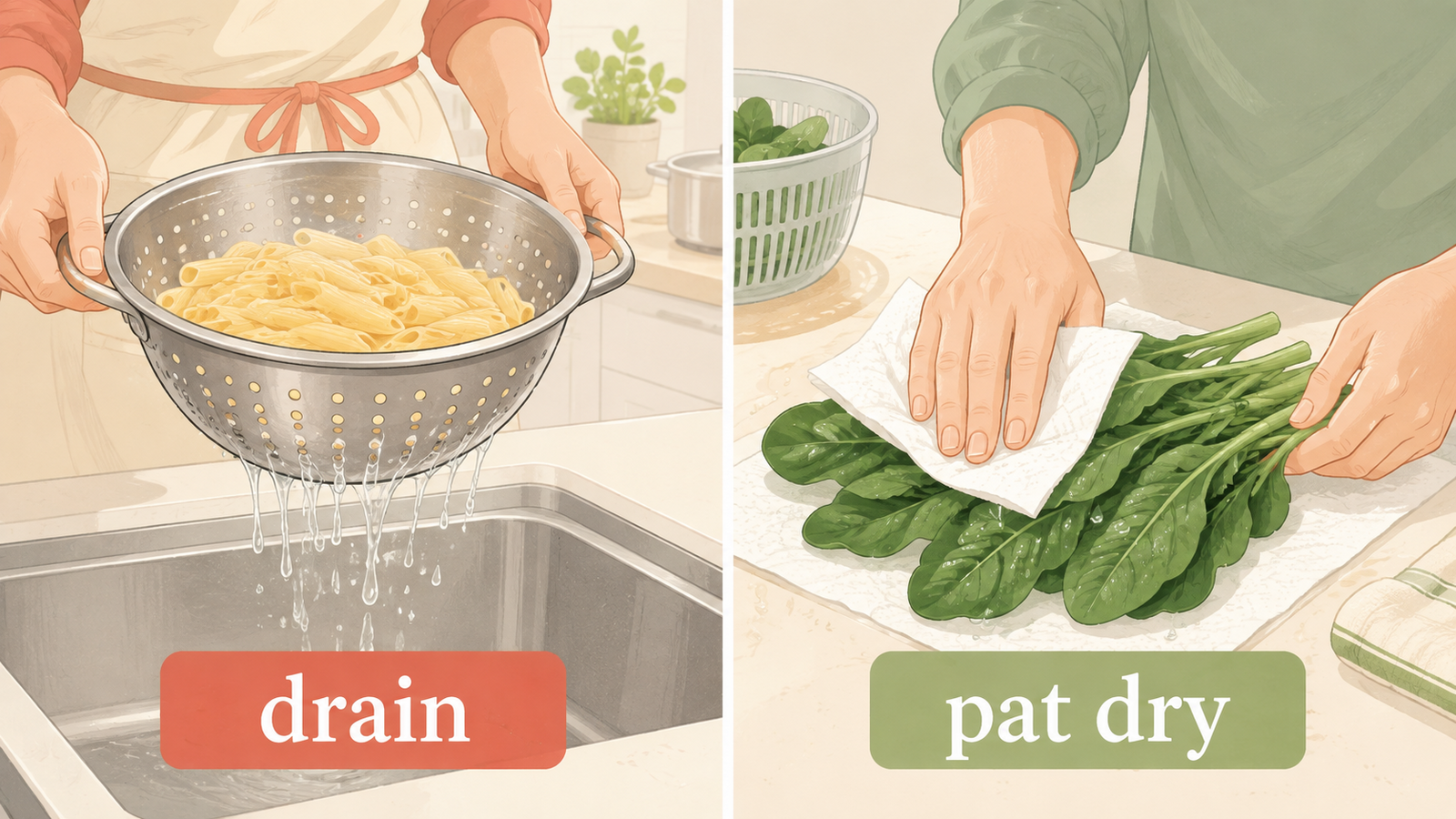 ざるで液体を落とすdrainとキッチンペーパーで表面を拭くpat dryの違い