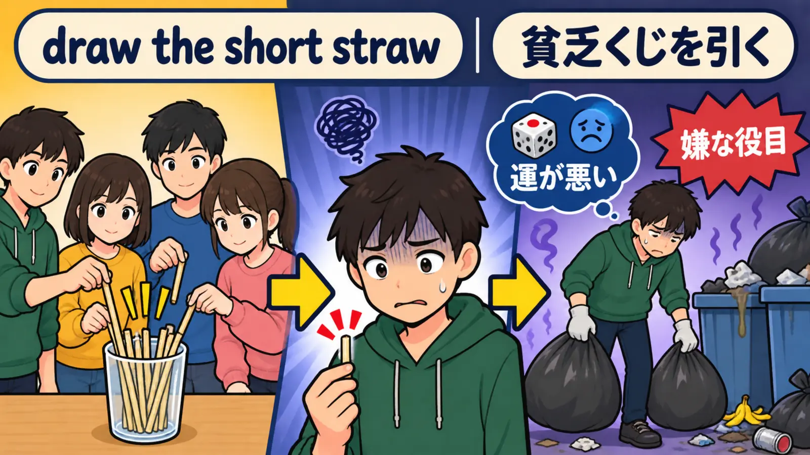 draw the short strawは運悪く嫌な役目を引くことを示す解説イラスト