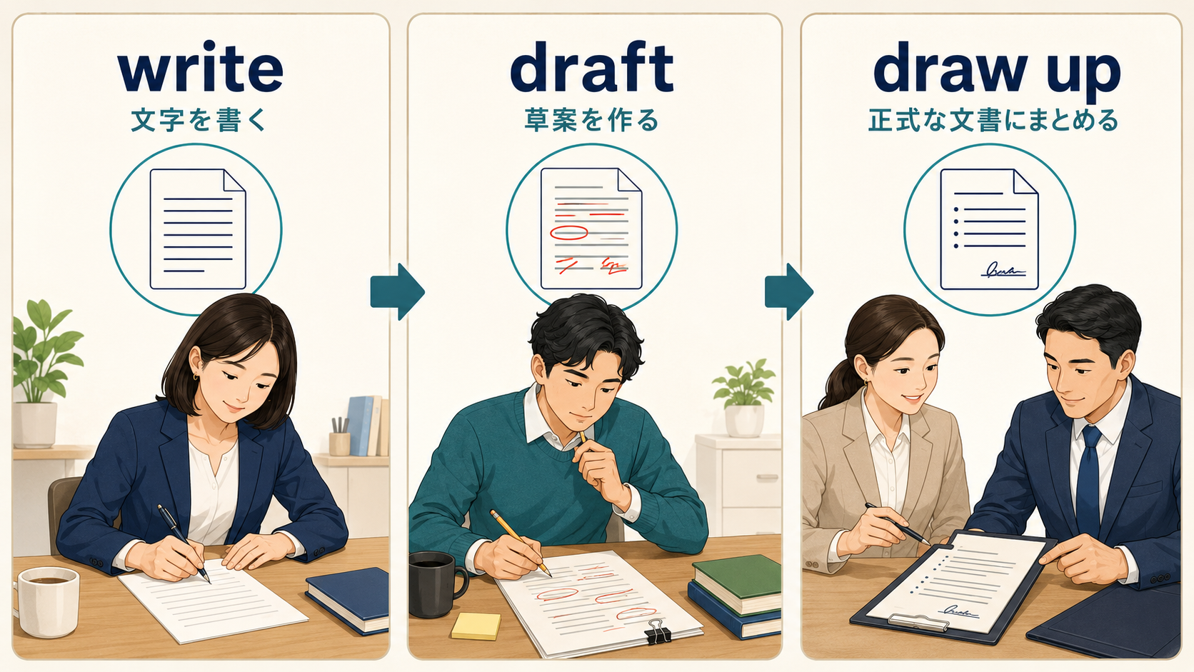 write・draft・draw upの文書作成における違いを示す比較イラスト