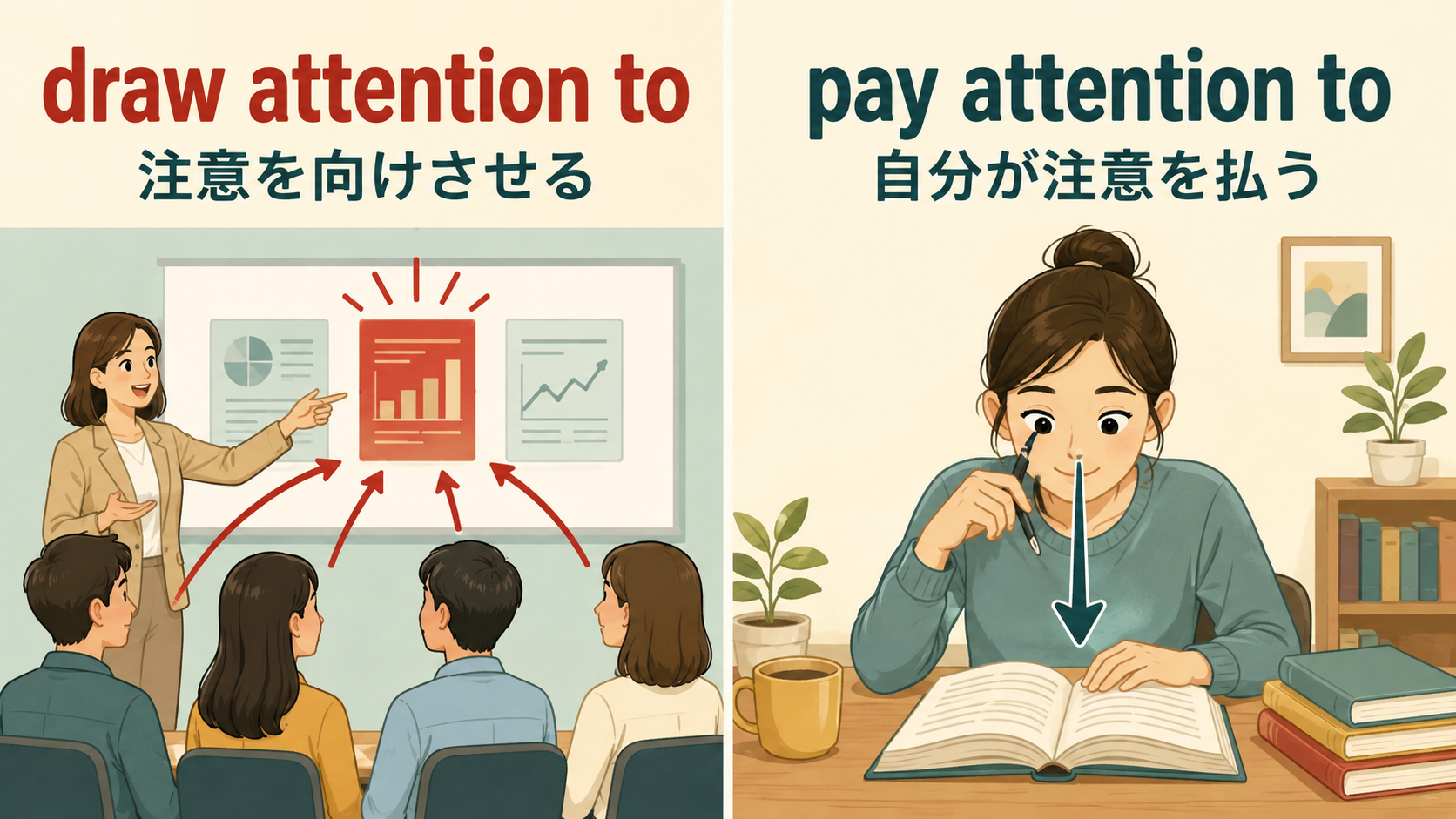 draw attention toとpay attention toの主語と注意の向きの違い