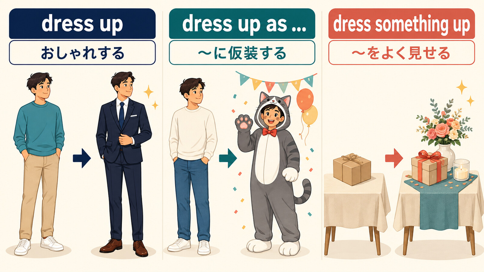 dress upとdress up asとdress something upの違いを示す解説イラスト