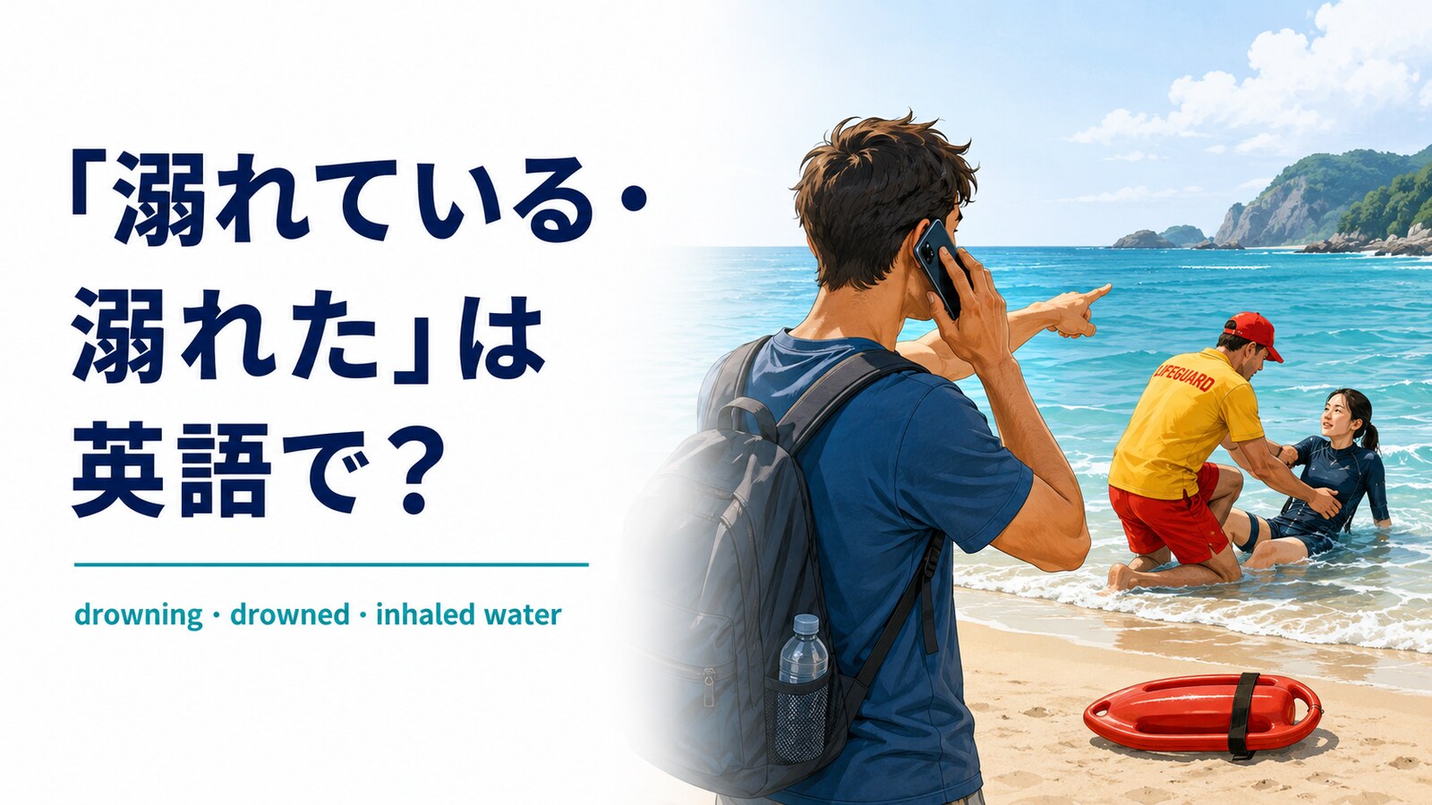 海外の海で溺れている人を見つけ救急へ連絡する場面