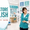 日本のドラッグストアで外国人客に英語対応するスタッフ