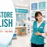 日本のドラッグストアで外国人客に英語対応するスタッフ