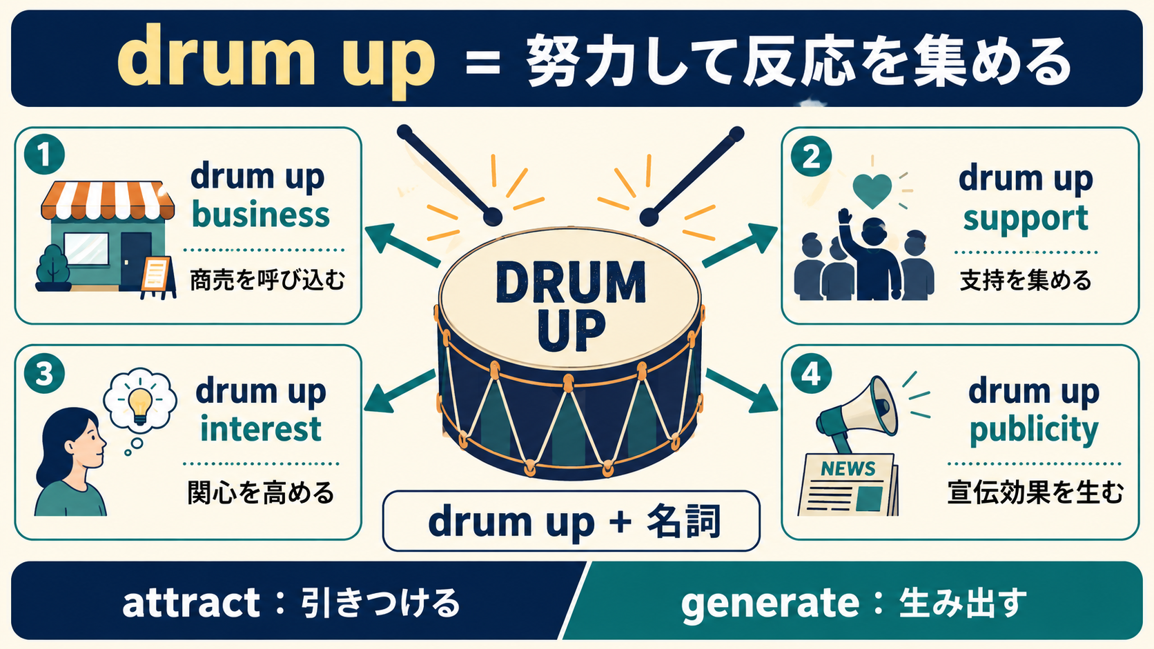 drum up business・support・interest・publicityの意味と語順を示す解説図