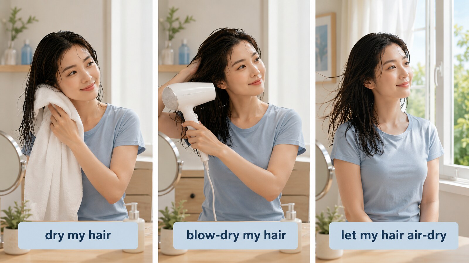 dry my hairとblow-dry my hairとlet my hair air-dryの比較