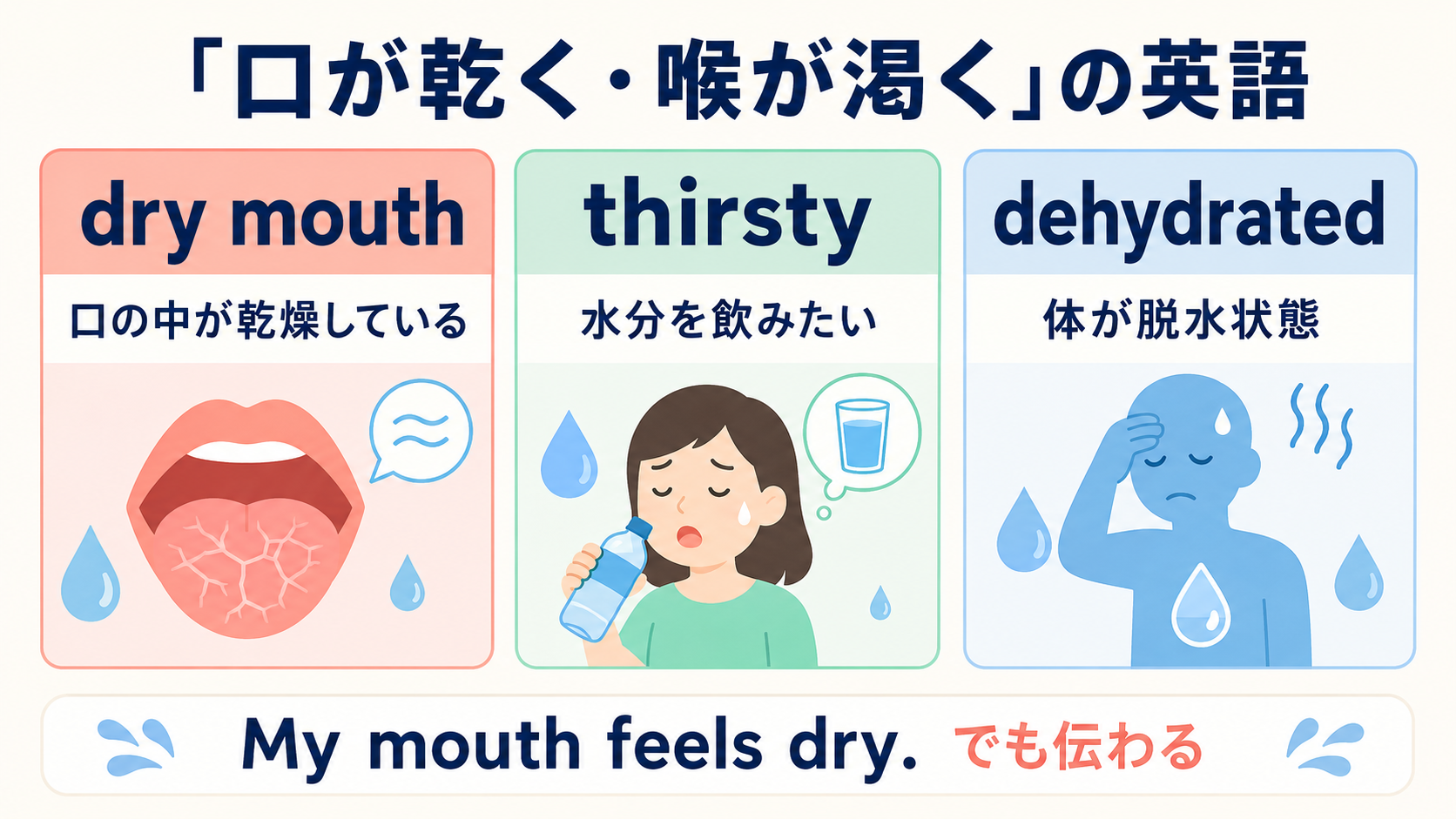 dry mouth・thirsty・dehydratedの意味の違い
