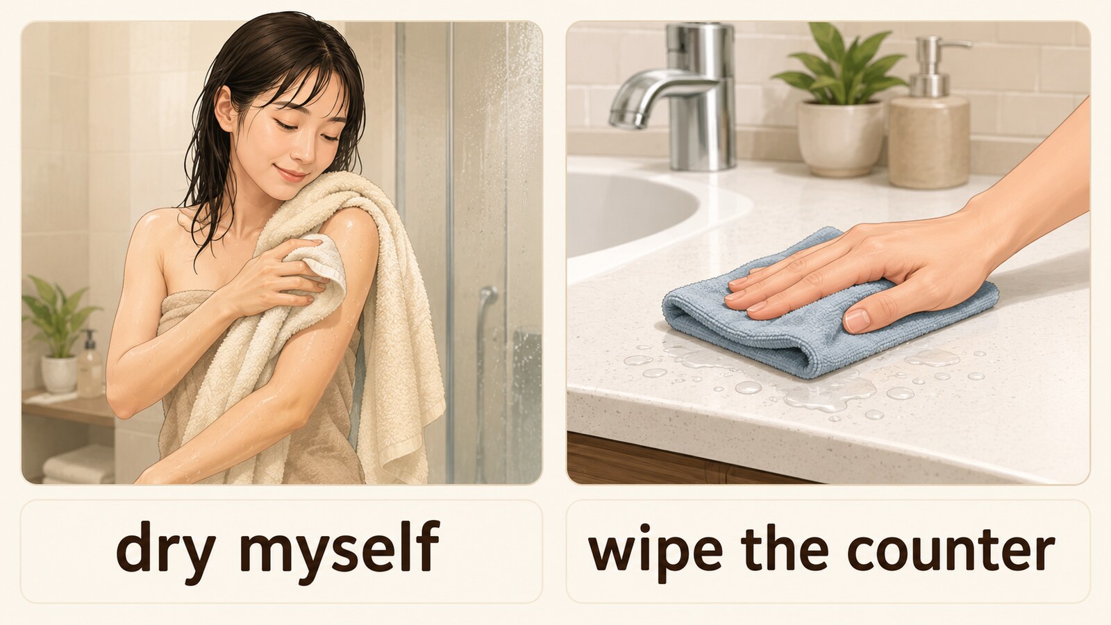 タオルで体を乾かすdry myselfと台を拭くwipe the counterの違い