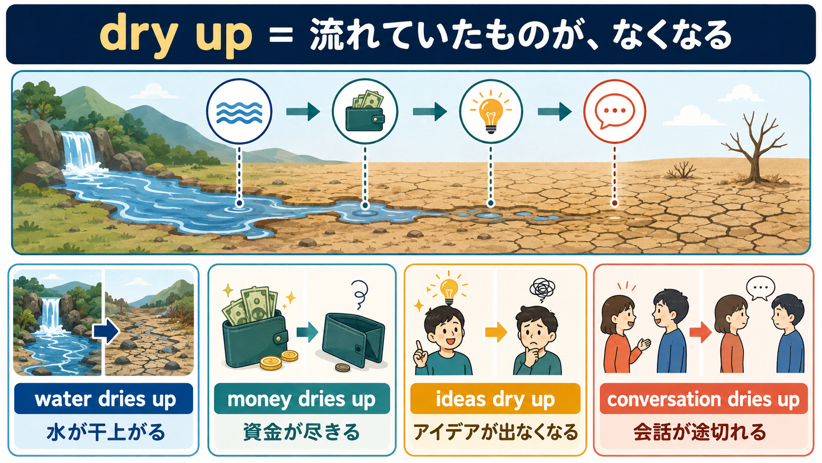 dry upは流れていた水・資金・アイデア・会話がなくなるイメージ