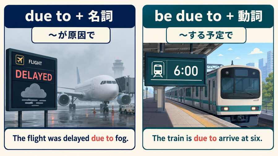 due toプラス名詞の原因とbe due toプラス動詞の予定を比較する図