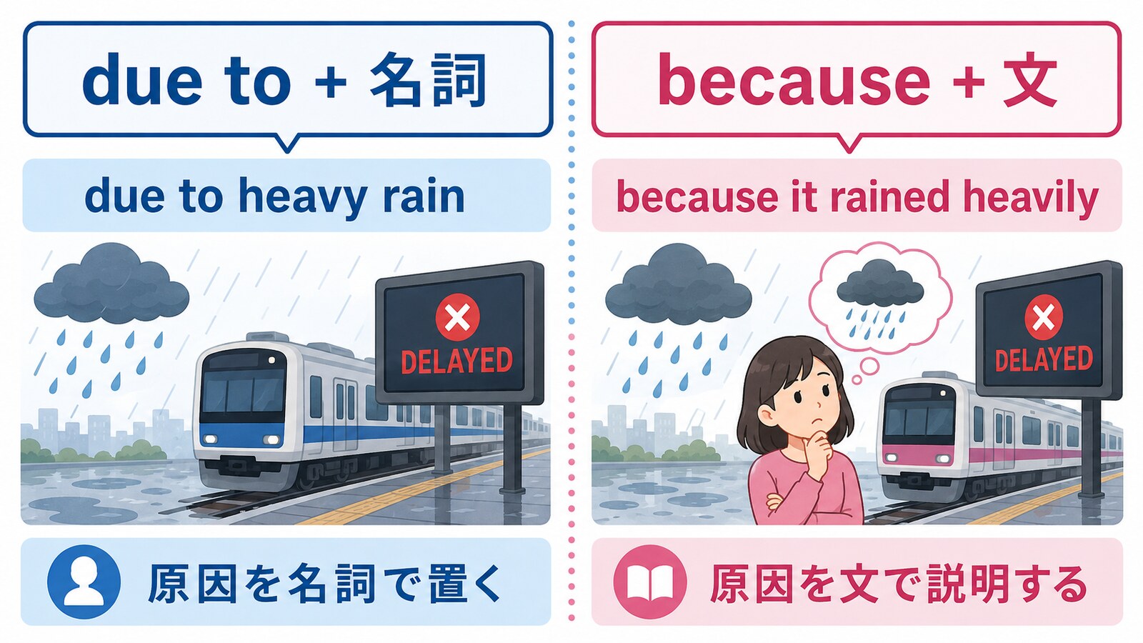 due to＋名詞とbecause＋文の語順の違い