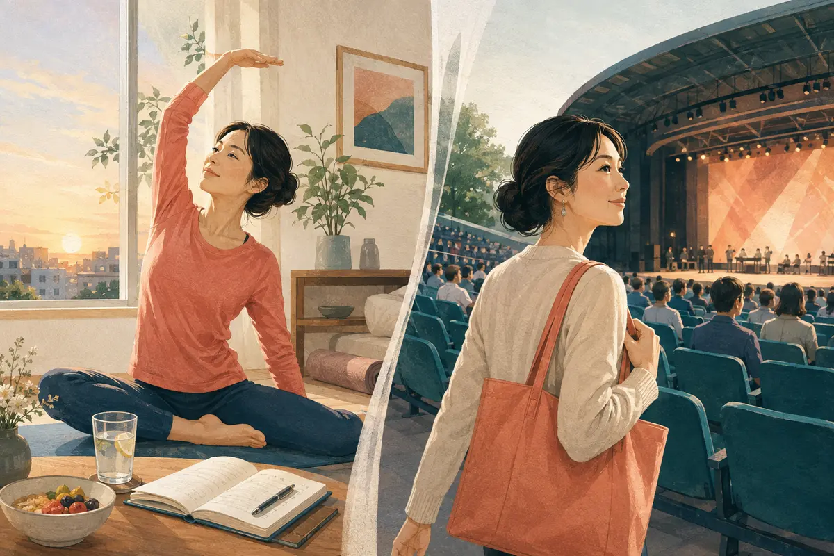 早朝の健康的な習慣と早く到着して良い席を得る場面の比較イラスト
