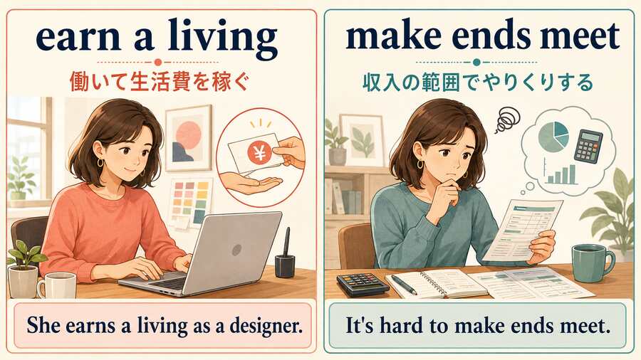 earn a livingとmake ends meetの意味を仕事と家計の場面で比較する図