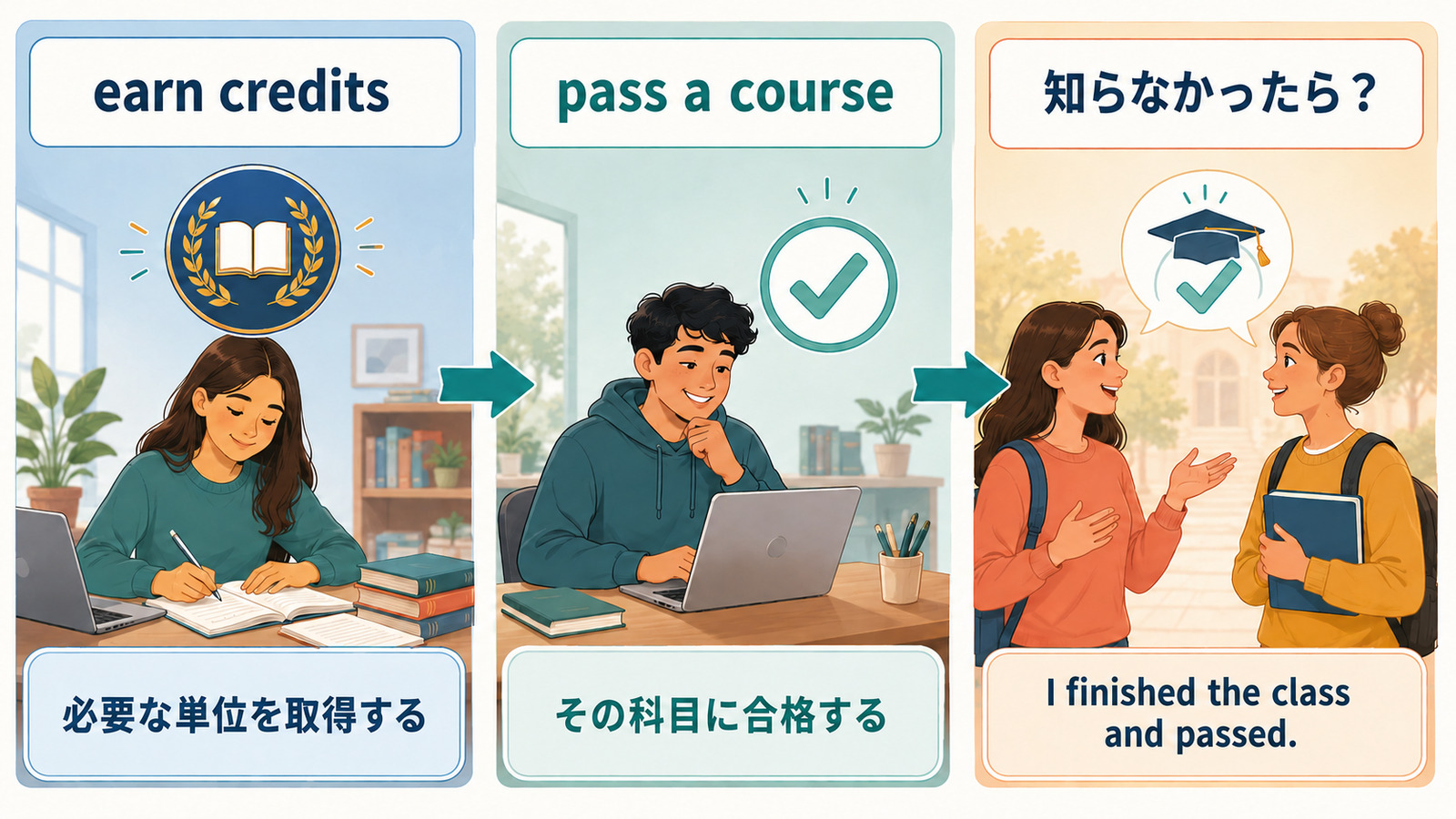 earn creditsとpass a courseの違いとI finished the class and passedという言い換え