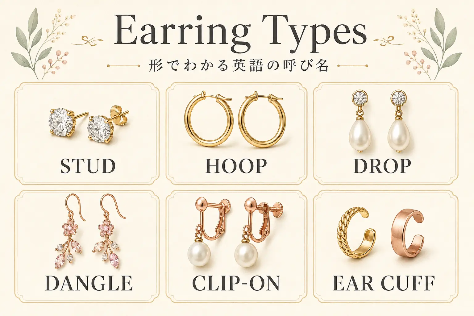stud・hoop・drop・dangle・clip-on・ear cuffの種類比較イラスト