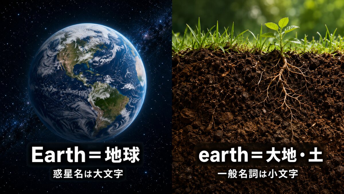 Earthは惑星の地球、earthは大地や土と大文字小文字の違いを示した図