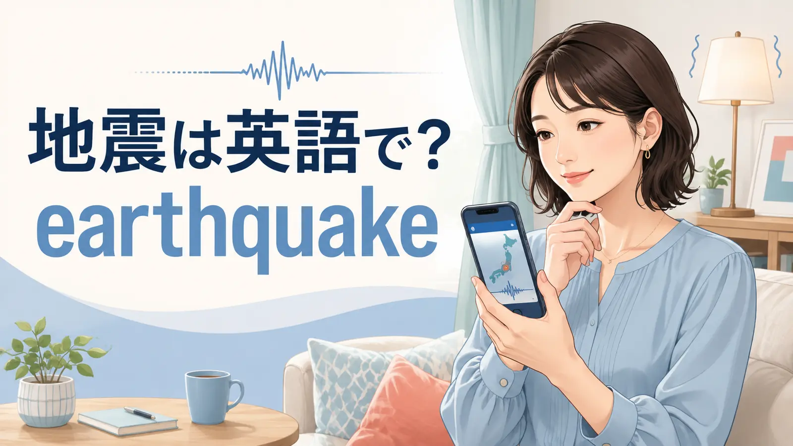 地震情報を確認する女性と「地震は英語で？ earthquake」の文字
