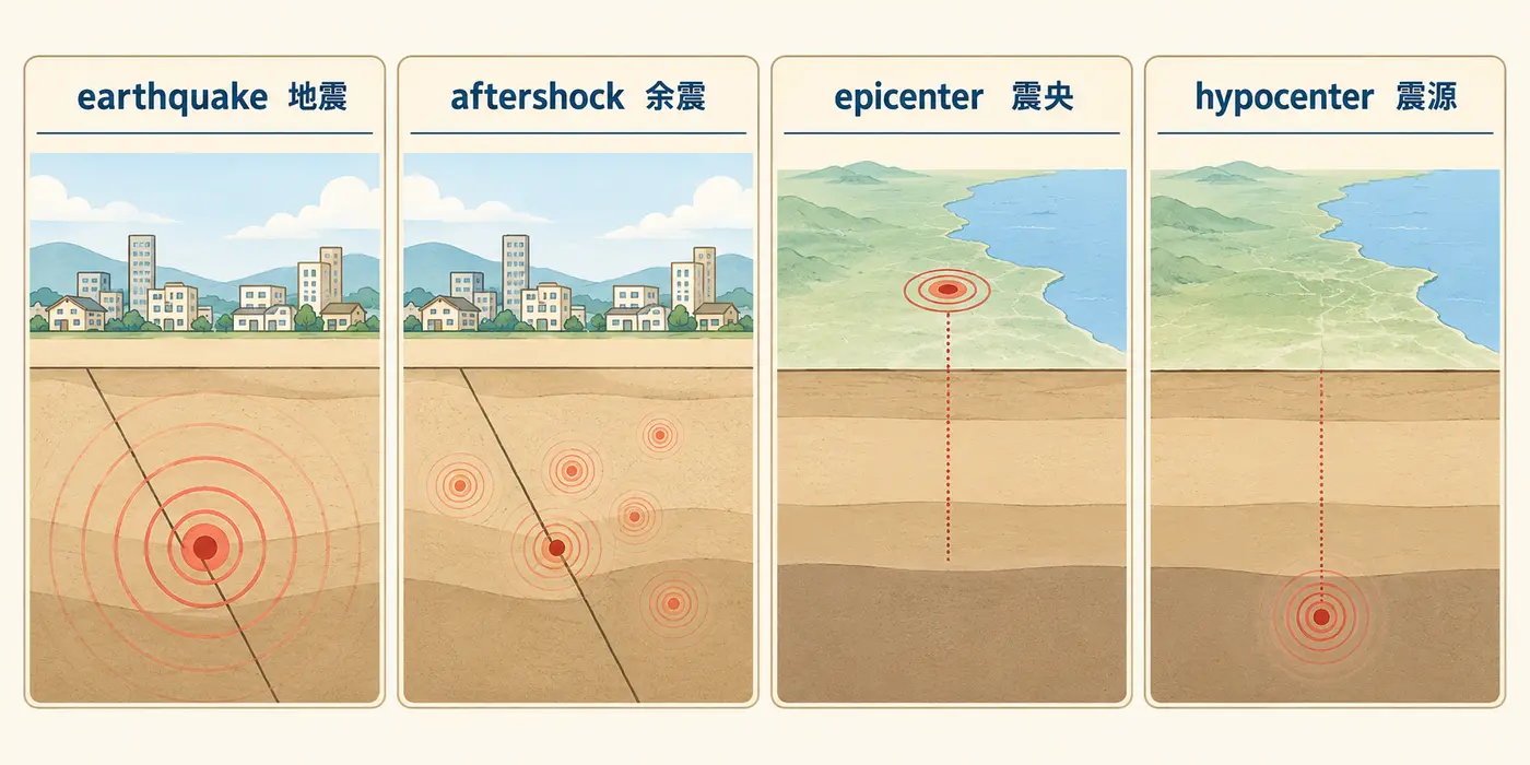 earthquake・aftershock・epicenter・hypocenterの意味を示す英語学習図